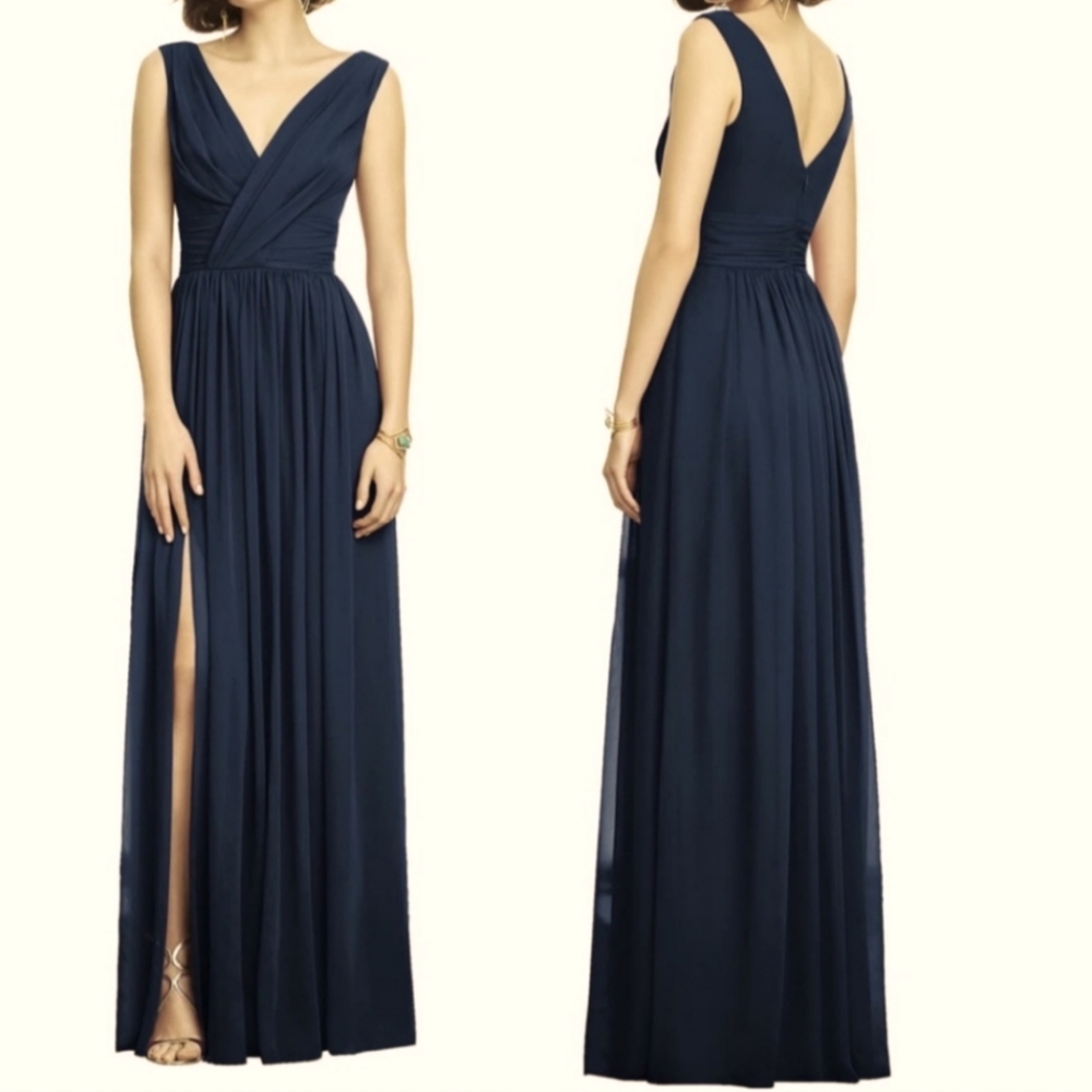 Dessy Collection Lux V-Neck Chiffon Gown In Midnight Blue Size 2R NWOT'S